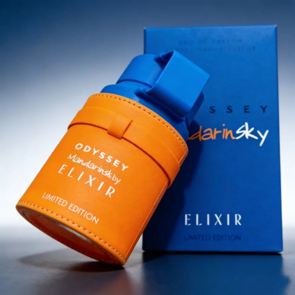 Armaf Odyssey Mandarin Sky Elixir EDP: 100ml unisex Arabic perfume, orange leather bottle, floral, luxury fragrance.