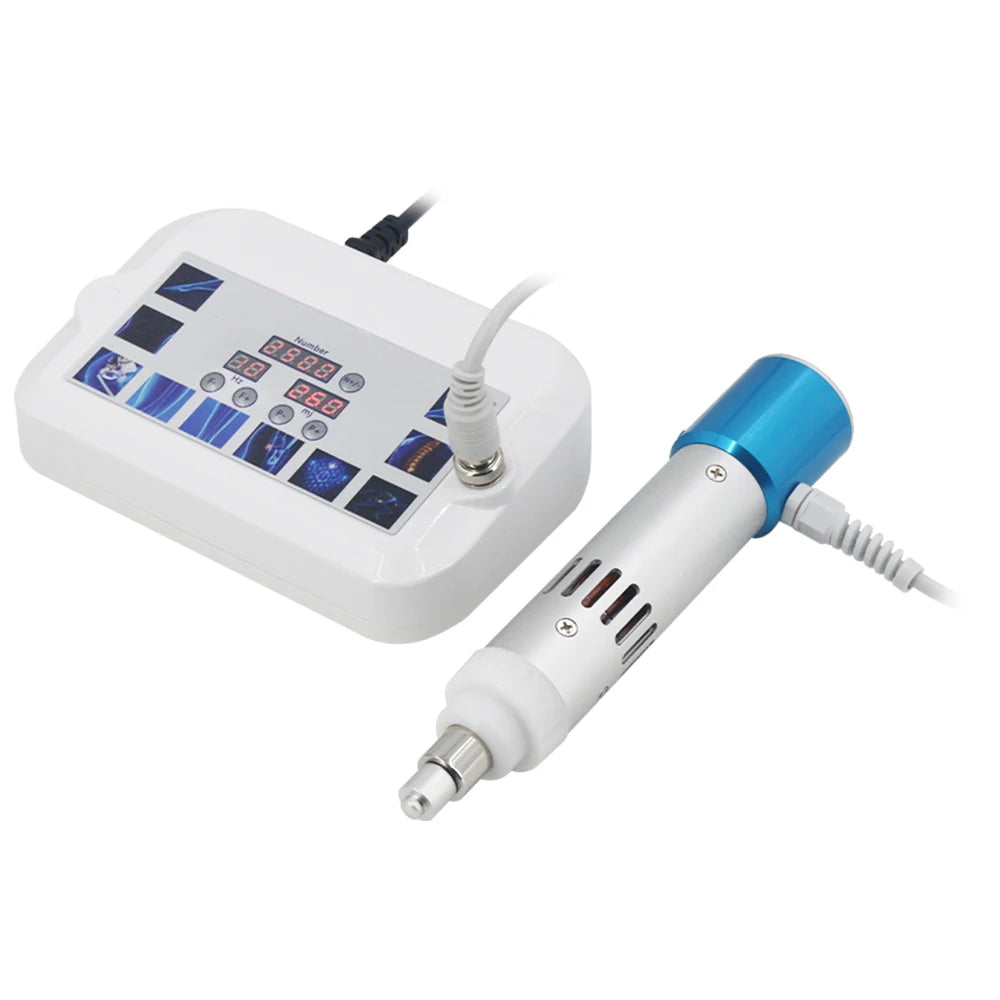 Portable shockwave therapy machine with digital control box and handheld blue muscle massager for pain relief.