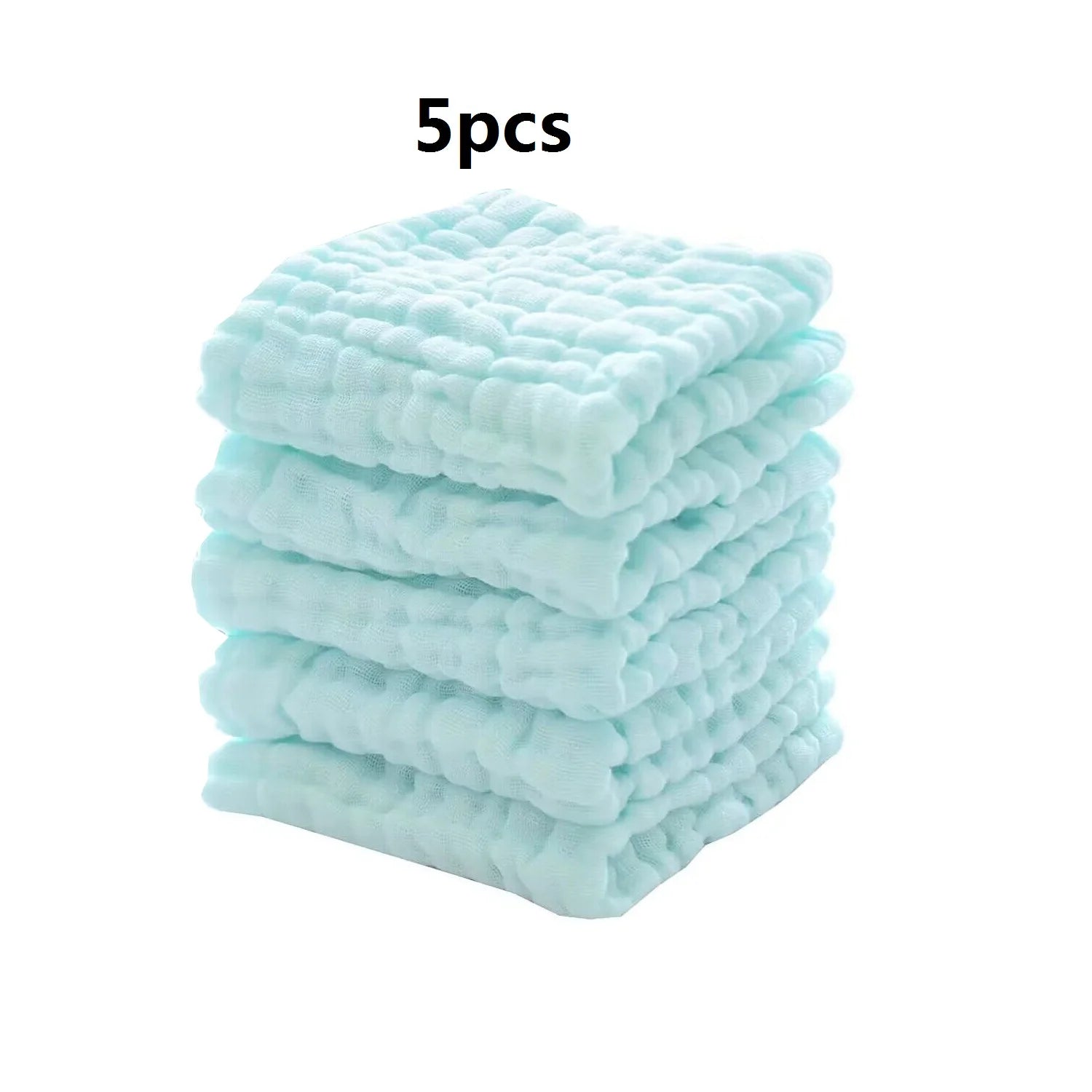 5-pack of soft light blue baby washcloths, muslin cotton burp cloths for gentle baby care.