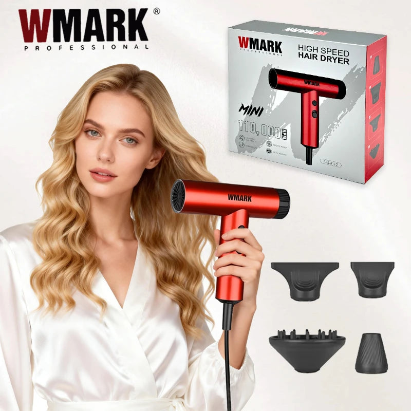 WMARK NG-9122 professional red hair dryer with 110,000 RPM motor, attachments, and salon-grade design.