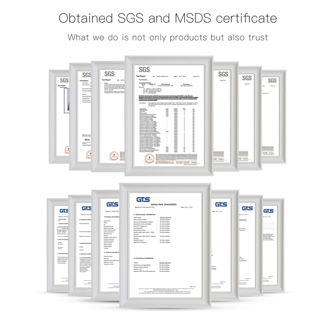 Multiple SGS test reports and safety data sheets in white frames arranged in two rows.