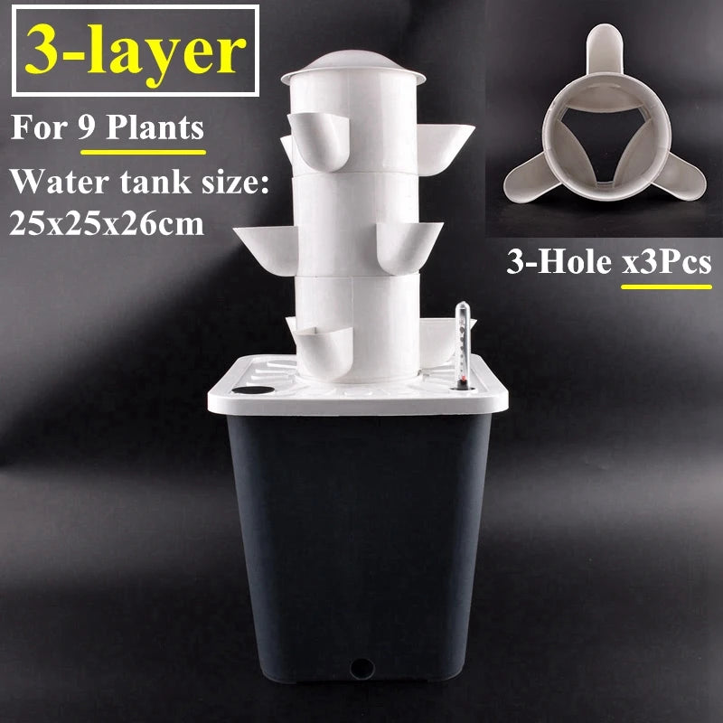 Vertical hydroponic planter tower kit with 3 layers and 3-hole inserts, white
