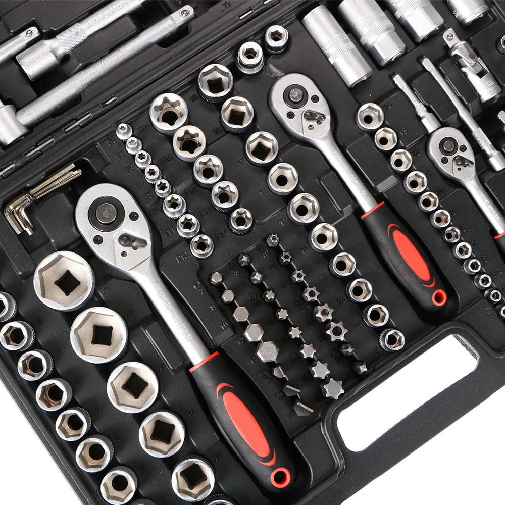 Podofo 172pcs Reversible Ratchet 24 tooth Ratchet Socket Wrench Set Car Repair Tool Ratchet Torque Wrench Combo Kit 1/2'' 3/8'' 1/4'' Sockets Bits Dual-Material Handle