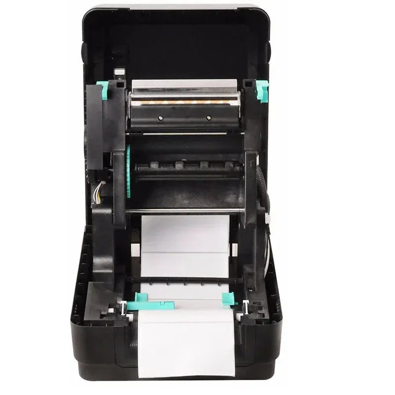 Black open ribbon label printer with internal print head and paper path visible.