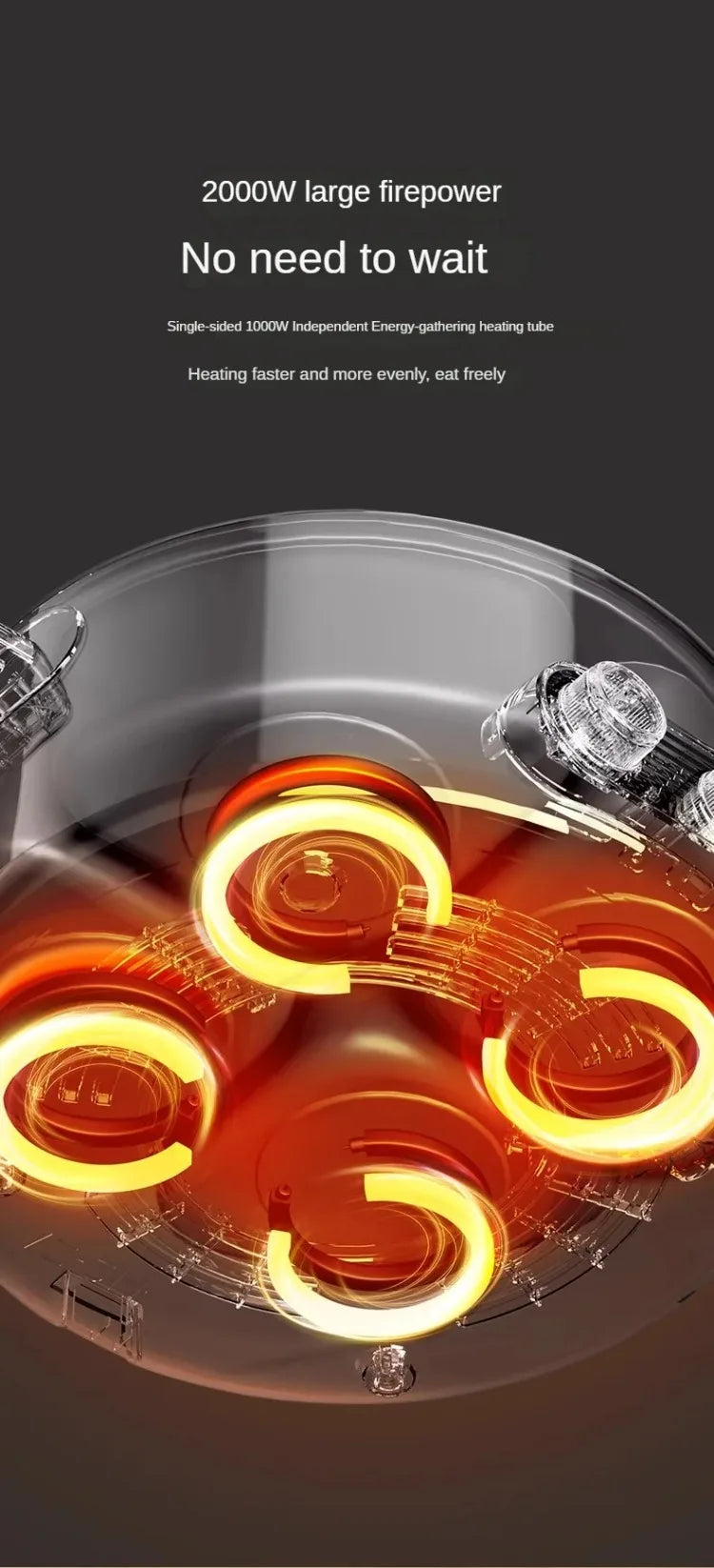 Electric hot pot with visible heating elements glowing inside the cooking pot