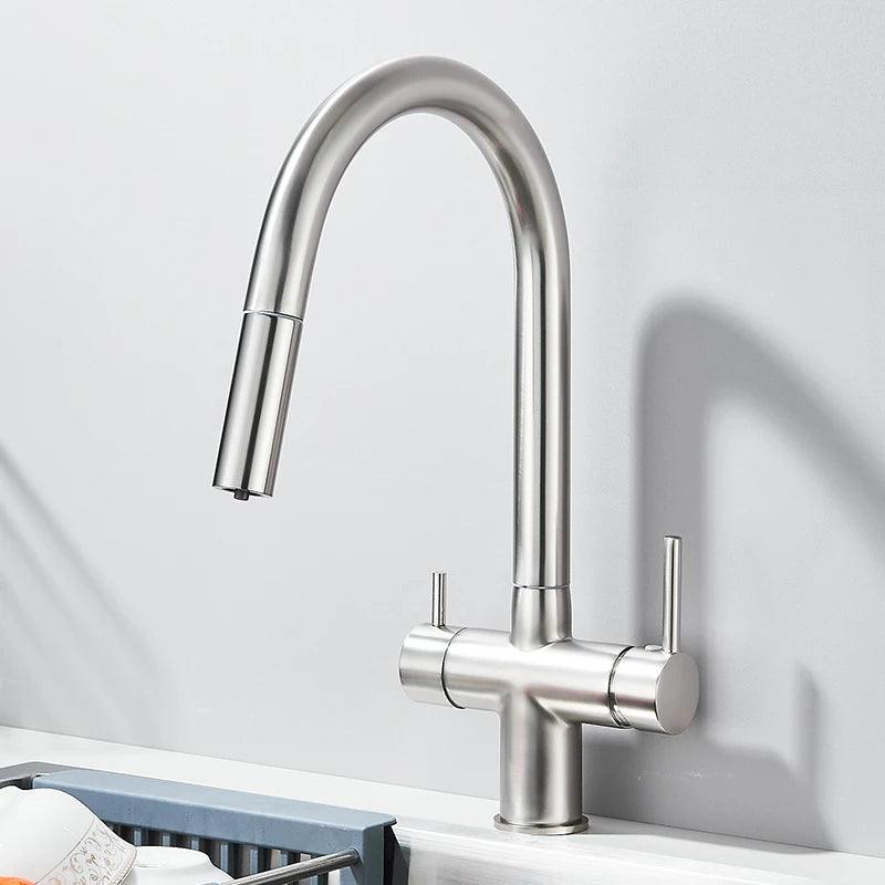 Pure Water Filter Kitchen Faucet Pull Out Flexible Kitchen Faucets Dual Handle Stainless Steel 2 in 1 Hot Cold Water Mixer Tap