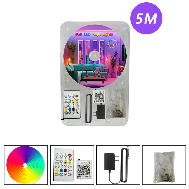 RGB LED neon rope light kit, 5M roll, boxed set with remote, controller, and power adapter