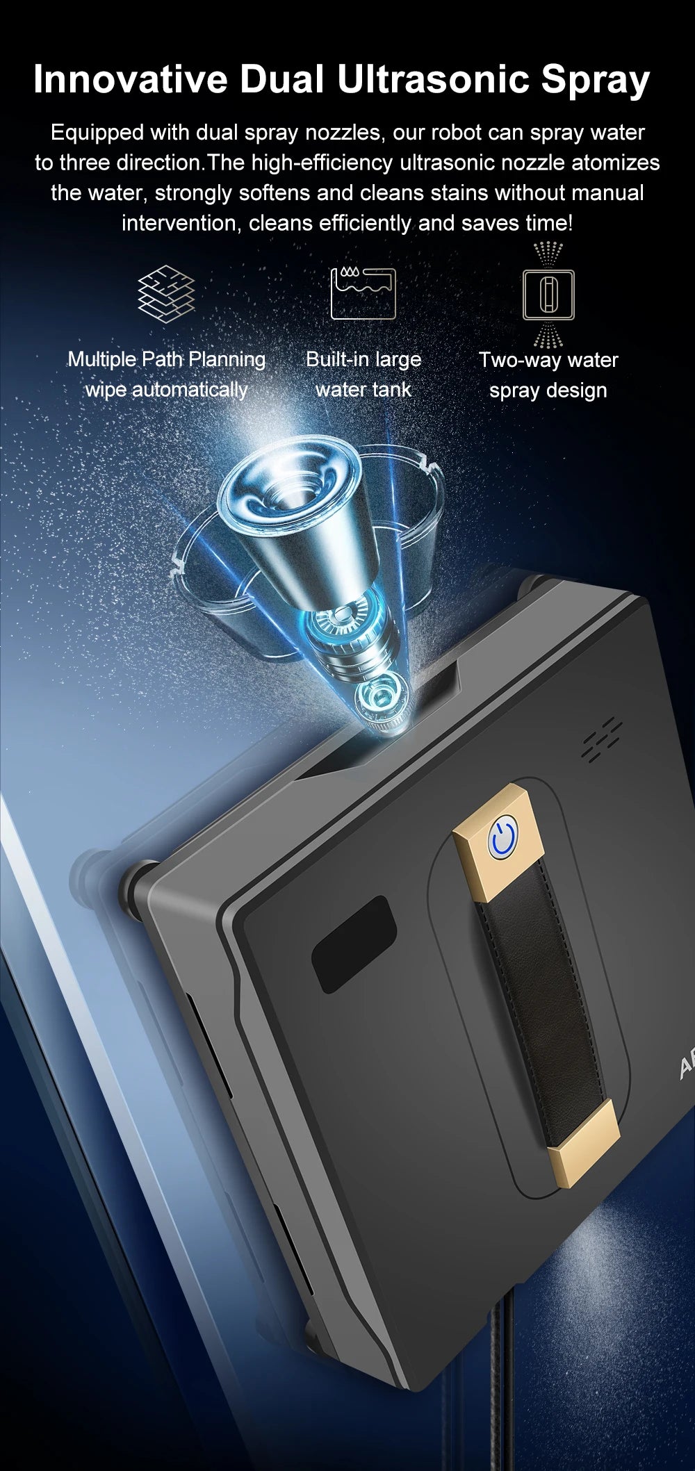Tidesmit ABIR WD8 window cleaning robot showing laser sensor, dual water spray, and high suction glass cleaning tech