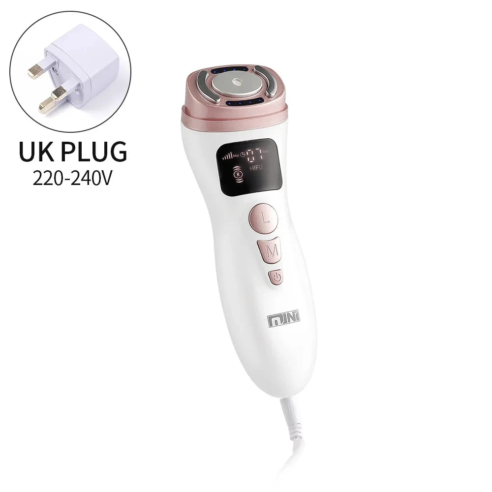 White and rose gold handheld HIFU facial device with digital screen, control buttons, and UK plug adapter.