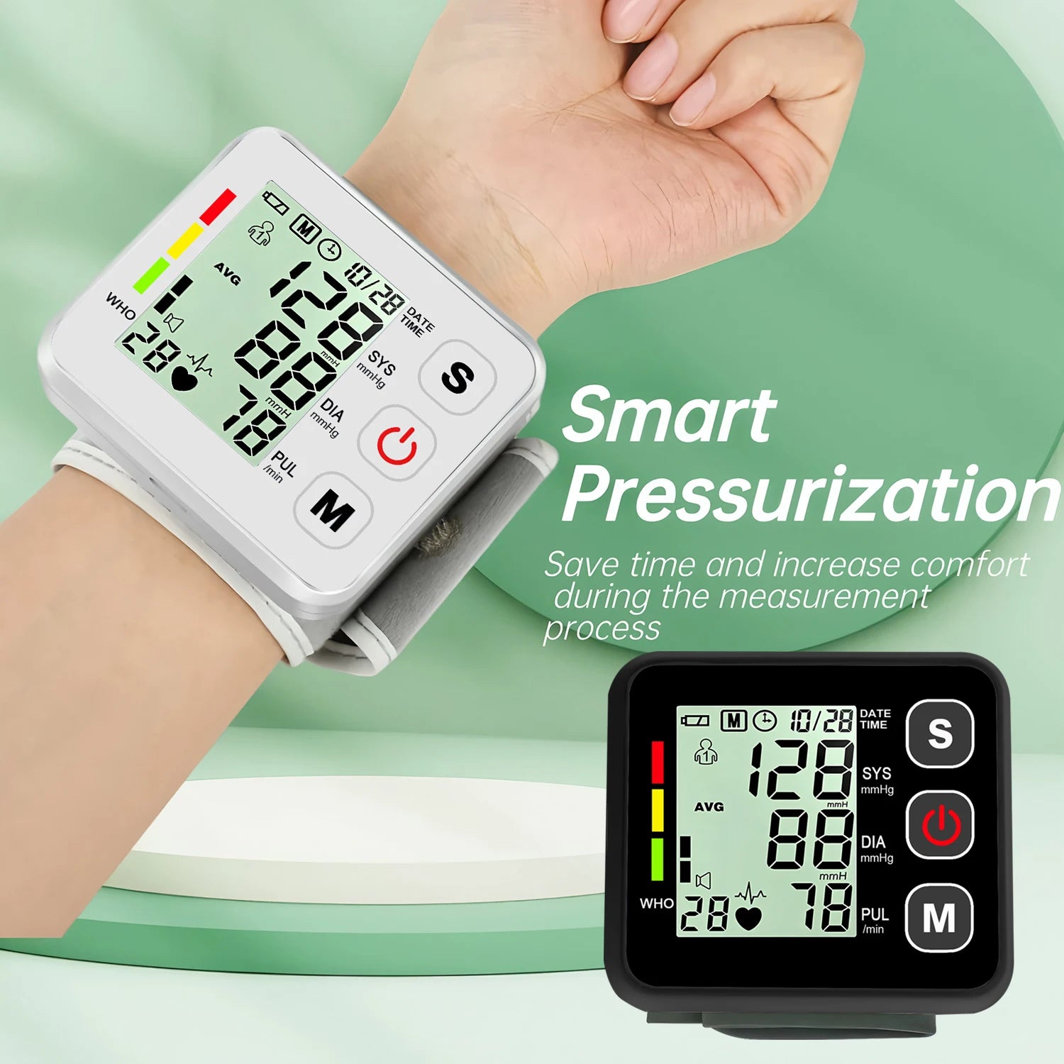 Portable Digital Wrist Blood Pressure Monitor - LCD Screen Heart Rate Pulse Meter Sphygmomanometer for Health Care