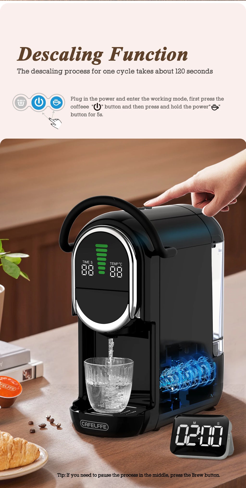 Black Cafelffe coffee maker with digital display, touch controls, and water tank performing a descaling cycle.