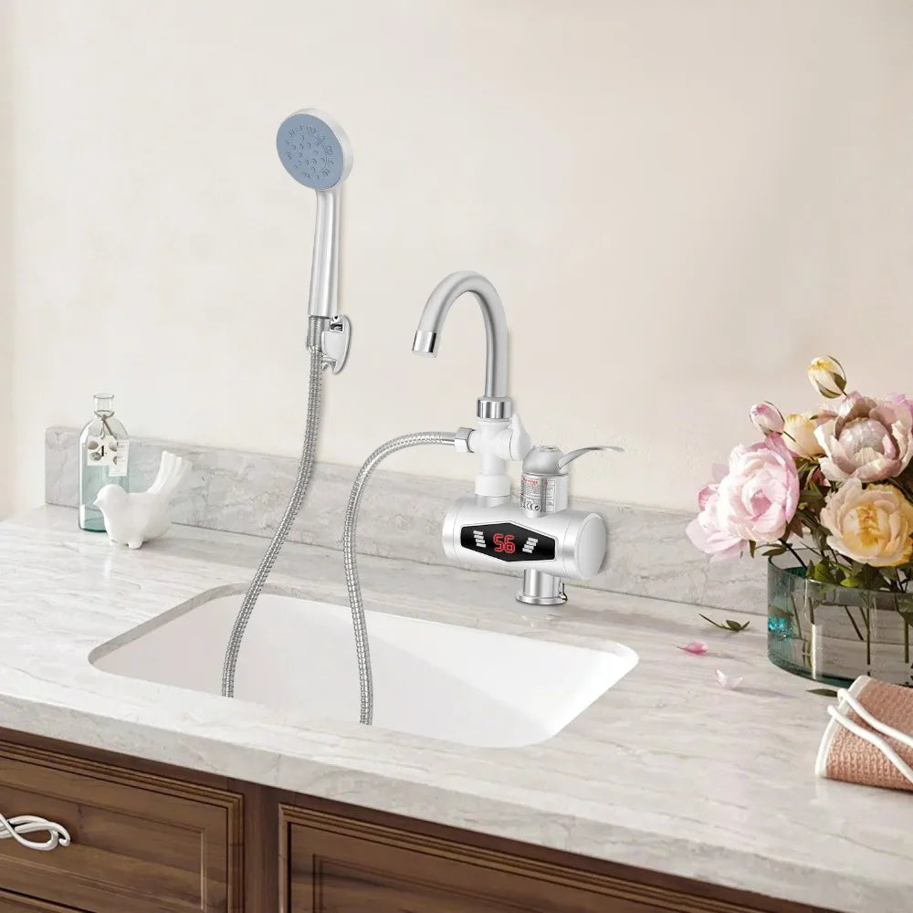 Electric Faucet, Stainless Steel Quick Heating 3000W, Kitchen Faucets with LCD Temperature Display, IPX4 Waterproof, Water Flow Control, EU Standard