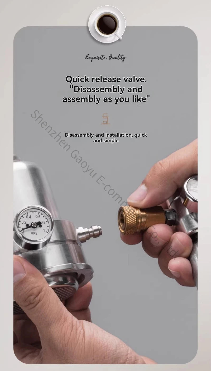 Stainless steel espresso coffee maker part with pressure gauge and quick-release brass valve for easy assembly.