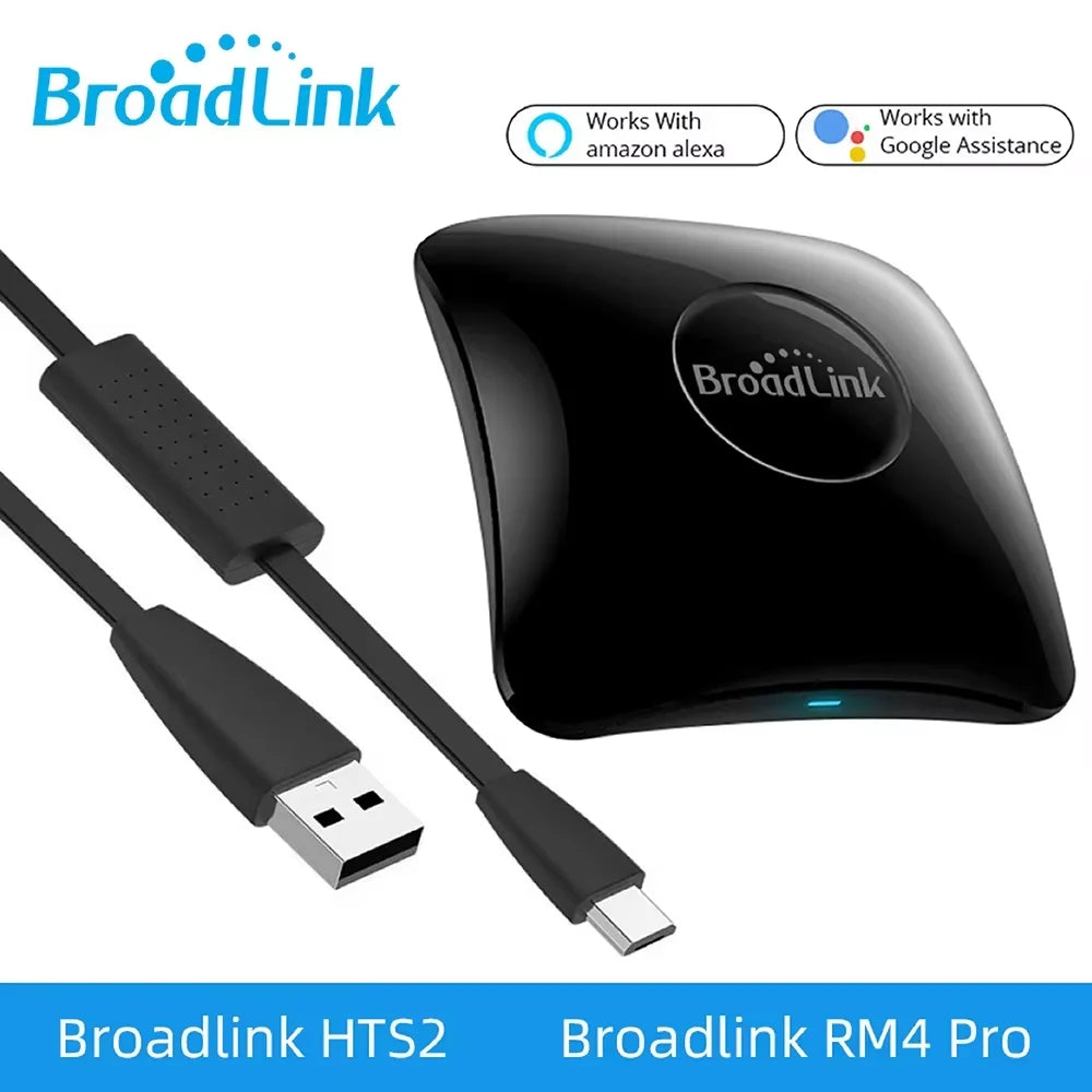 BroadLink universal smart remote hub with connected USB cable and accessory cable