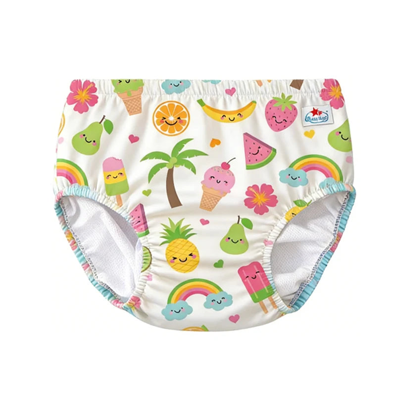 Baby care swim diaper with tropical fruit, ice cream, and rainbow pattern, featuring a white base and elastic trim.