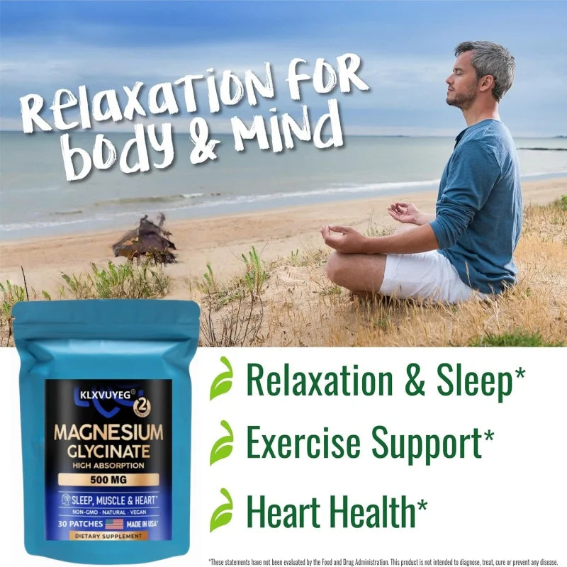 Magnesium Glycinate 500 mg - Supplement w/Vitamin D3 & B6 - Chelated - Support for Proper Sleep, Muscle & Heart Health, 30 Patch
