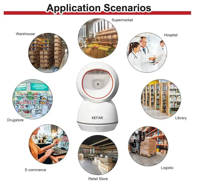 2D image platform barcode scanner, white and gray base with circular scanning head