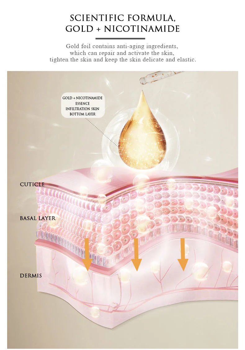 ARTISCARE 24K Gold Nicotinamide anti-aging facial serum essence infusing moisture into skin layers for firming repair.