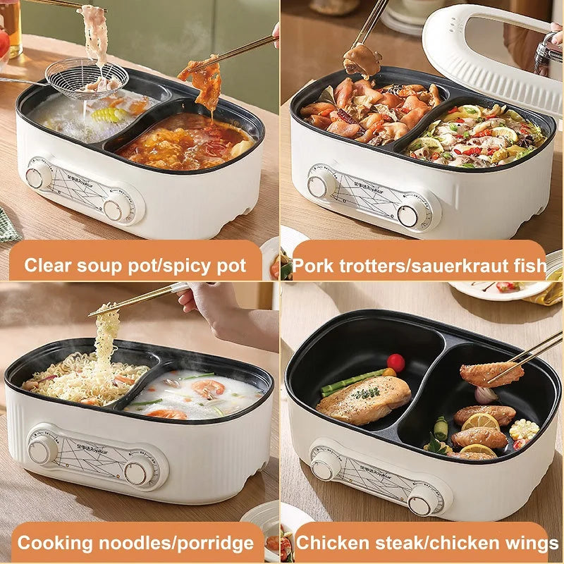 White multi-function electric hot pot with lid open and steamer basket over one side