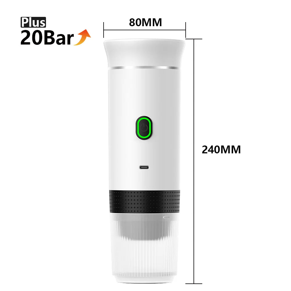 Portable white 20-bar espresso maker, 240mm tall, features a power button and USB-C charging port for travel.