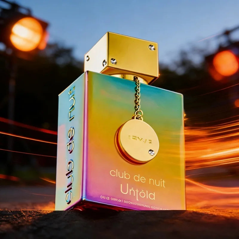 Armaf Club de Nuit Untold 105ml unisex EDP, seductive iridescent square bottle with gold cap and charm, long-lasting.