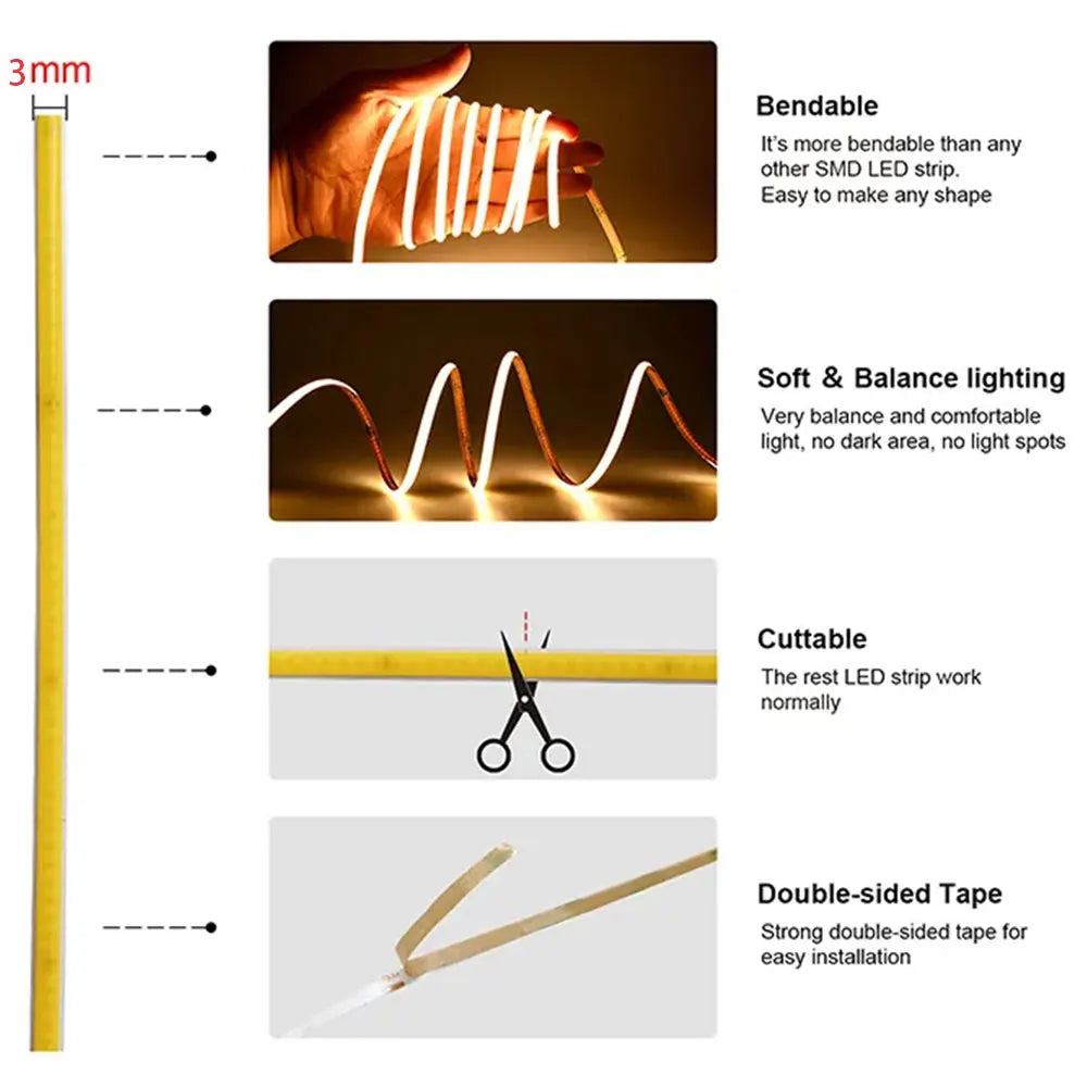 COB LED Strip Flexible High Density LED Strip 3mm COB Bar LED Light Warm 3000K White 6500K for Bedroom Kitchen Home