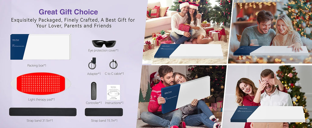 Hello Face LED light therapy kit, including a red light pad, controller, cables, eye protection, and a gift box.