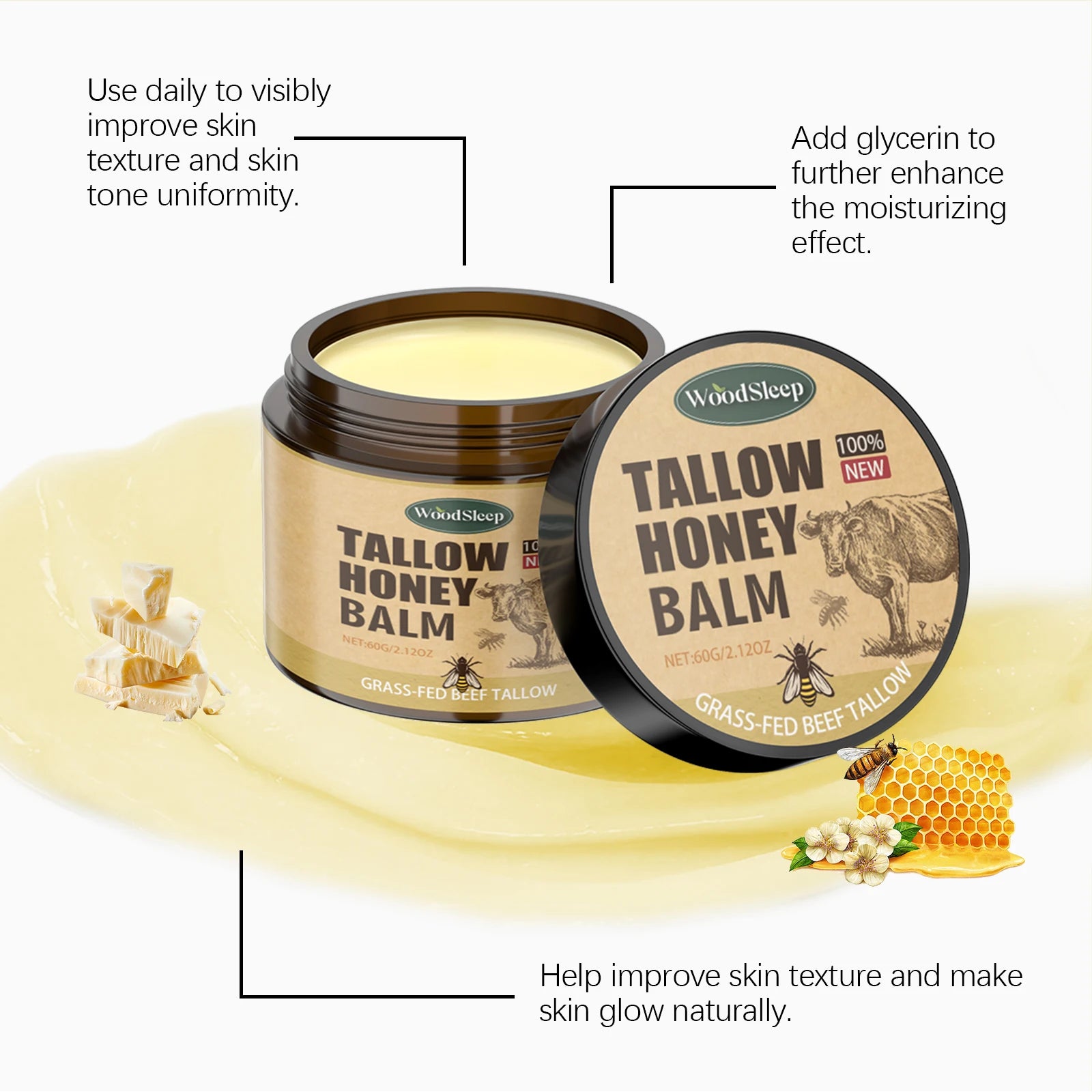 Deep Moisturizing Tallow Honey Balm For Face Natural Beef Tallow Anti Aging Light Non Greasy Skin Barrier Repair Daily Care 60g