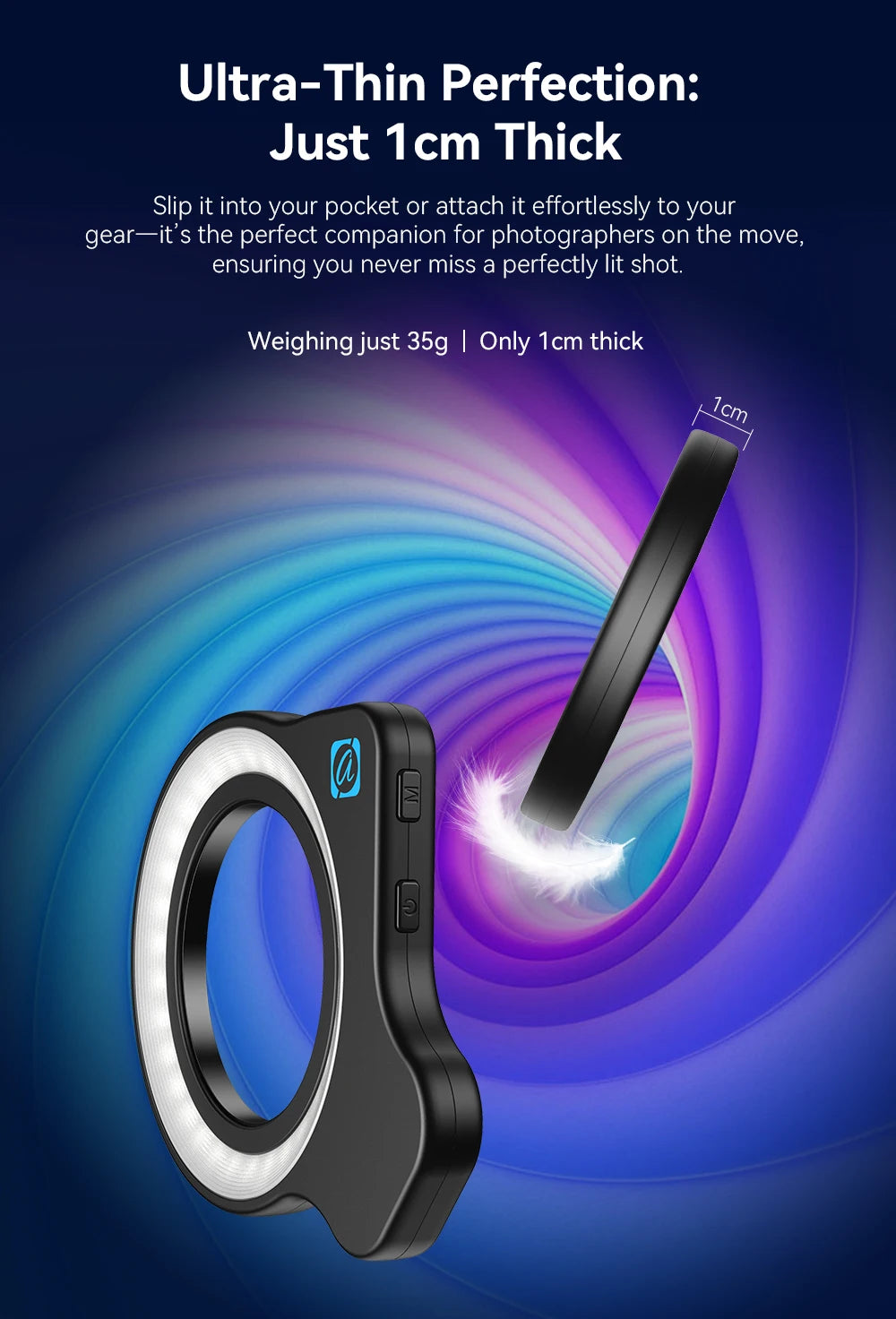 Black 1cm-thick ring light for photography, weighing 35g with a compact, portable shape and side control buttons.