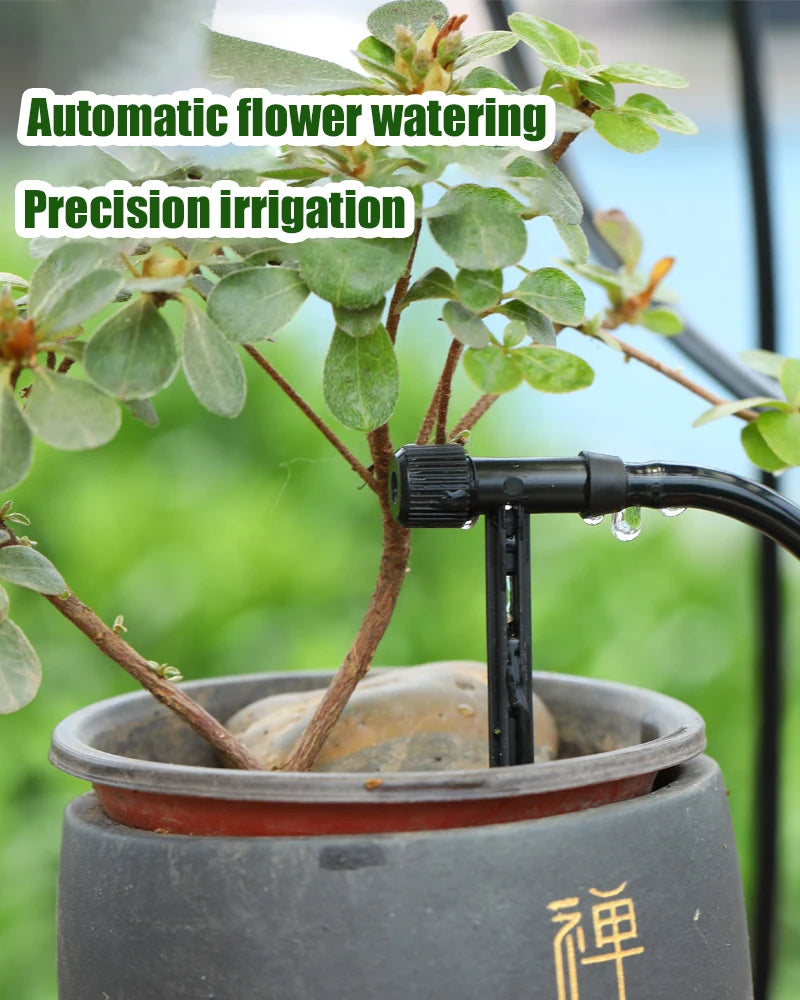Precision drip watering valve on black hose delivering water to a potted plant