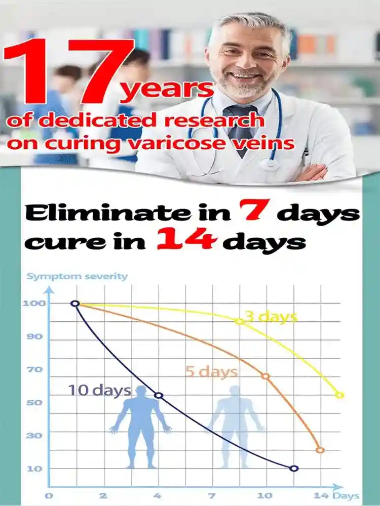 Doctor recommending laser treatment for spider veins and varicose vein removal with a 14-day symptom reduction graph.