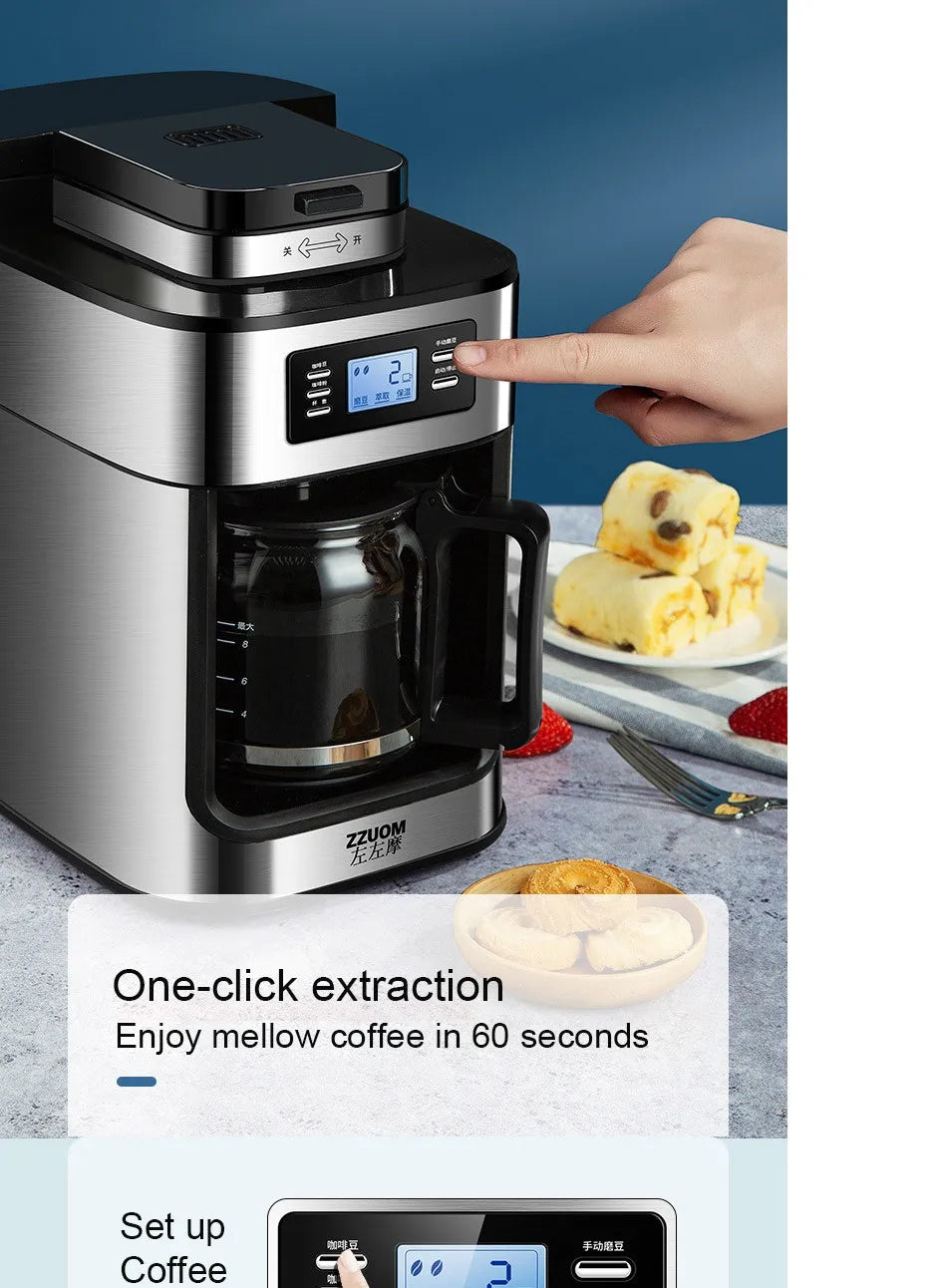 ZZUOM stainless steel coffee maker with digital display, glass carafe, and 8-cup capacity for easy home brewing.