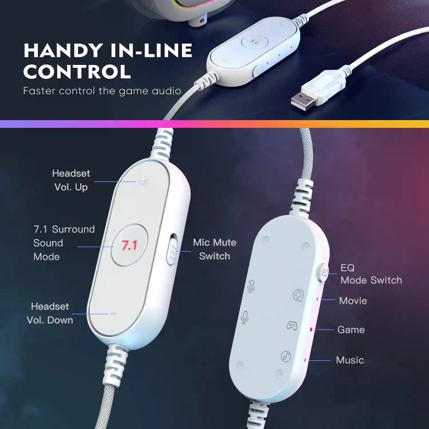 RGB Gaming Headset 7.1 Surround Sound - White Over-Ear Wired Headset Tidesmit