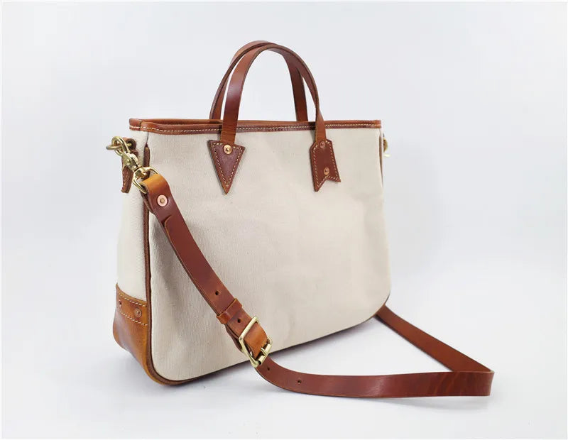 Simple designer handmade thick canvas cow leather men women's handbags outdoor daily work travel large-capacity messenger bag