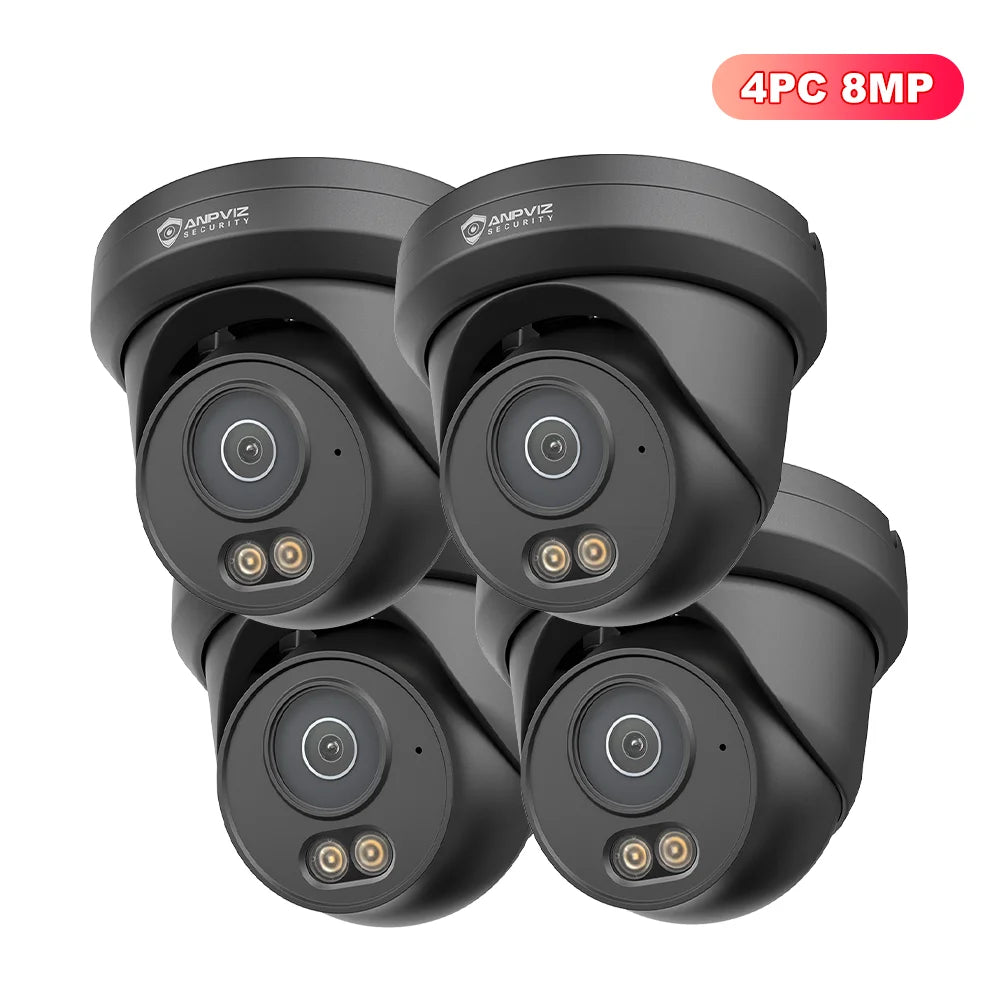 Set of four black turret IP security cameras, each with lens and dual IR LEDs, 8MP