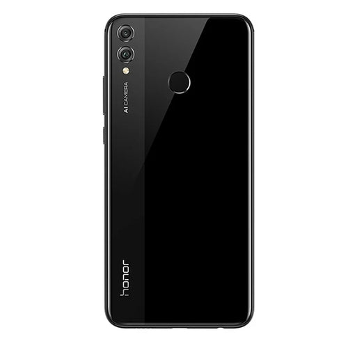 Black HONOR 8X smartphone, back view, showing dual AI cameras, fingerprint sensor, and sleek glossy finish.