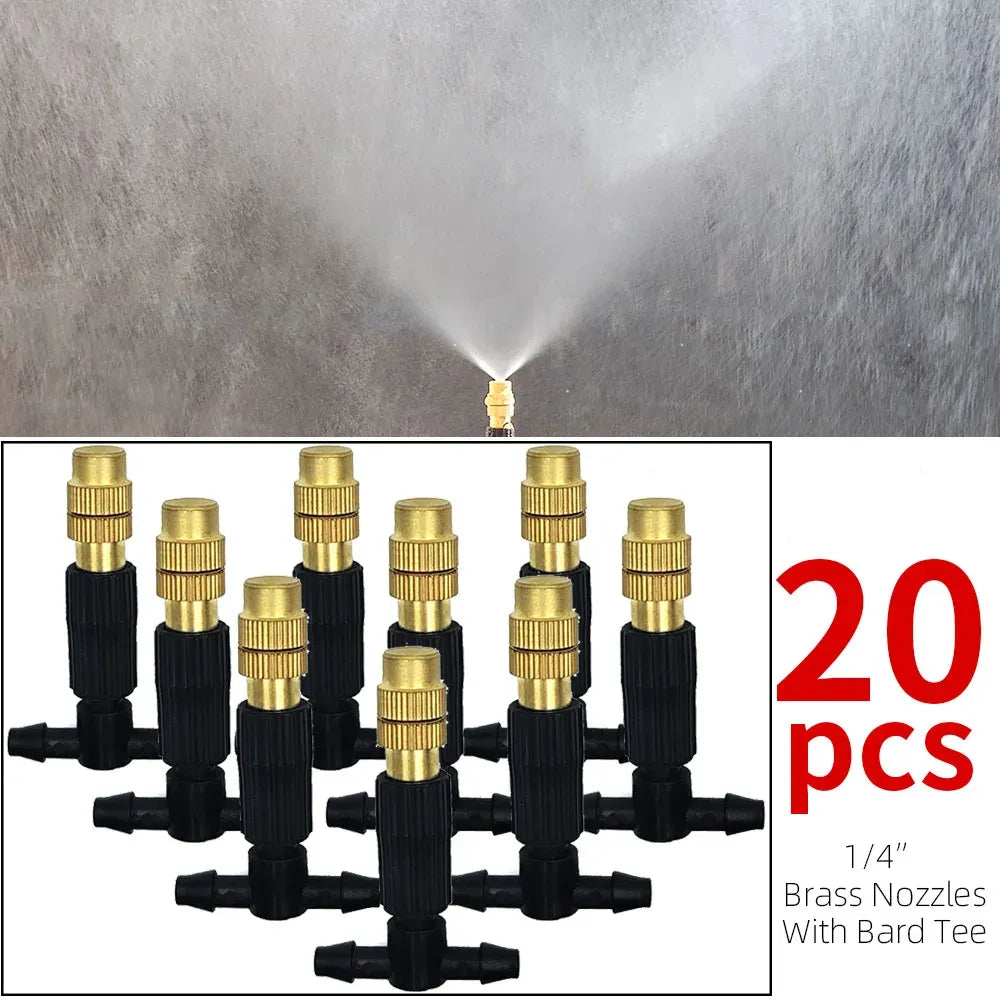 Outdoor misting system kit with brass atomizer nozzles and black barbed hose fittings