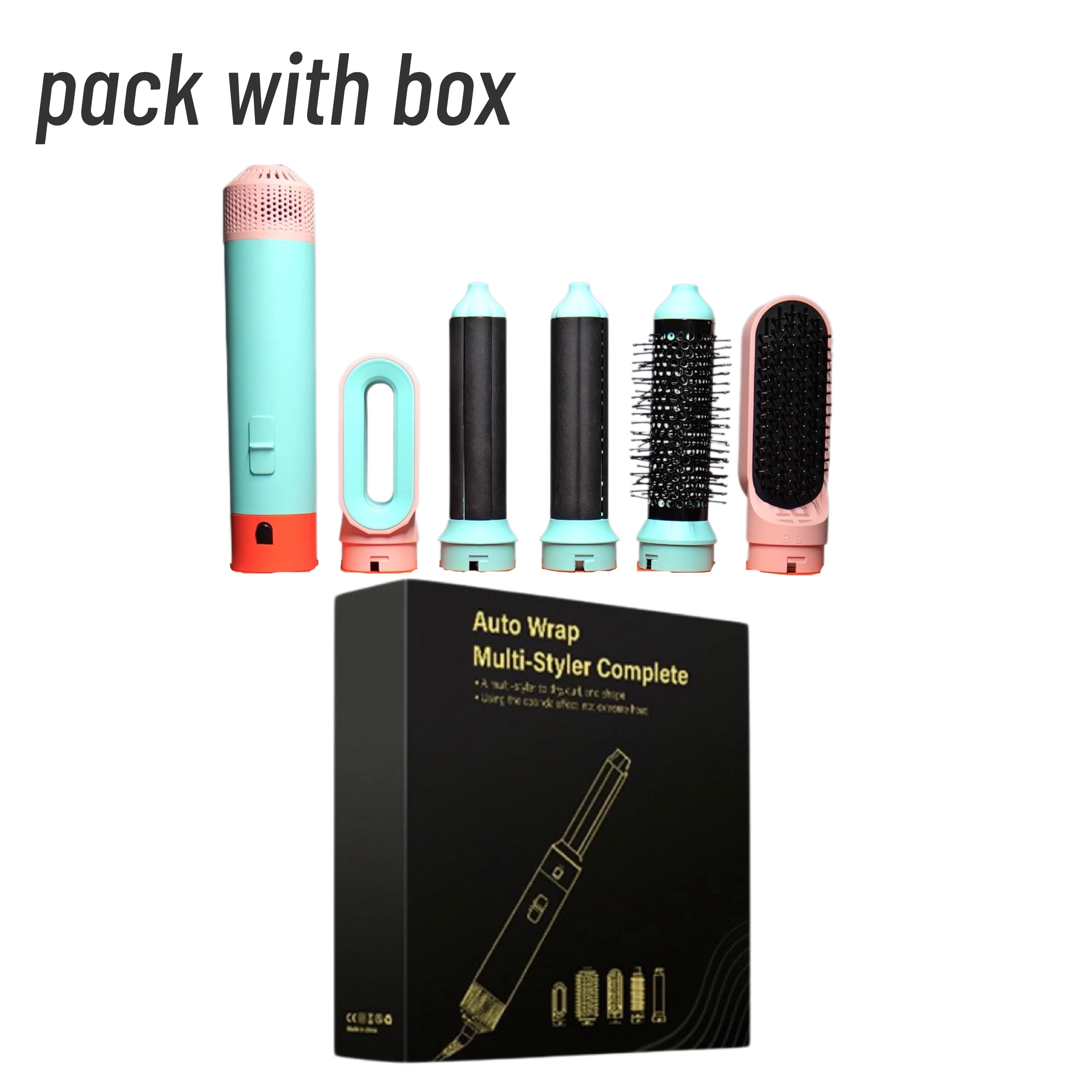 5-in-1 multi-styler hair dryer set in teal and pink, featuring curling barrels, hot air brush, and storage box.