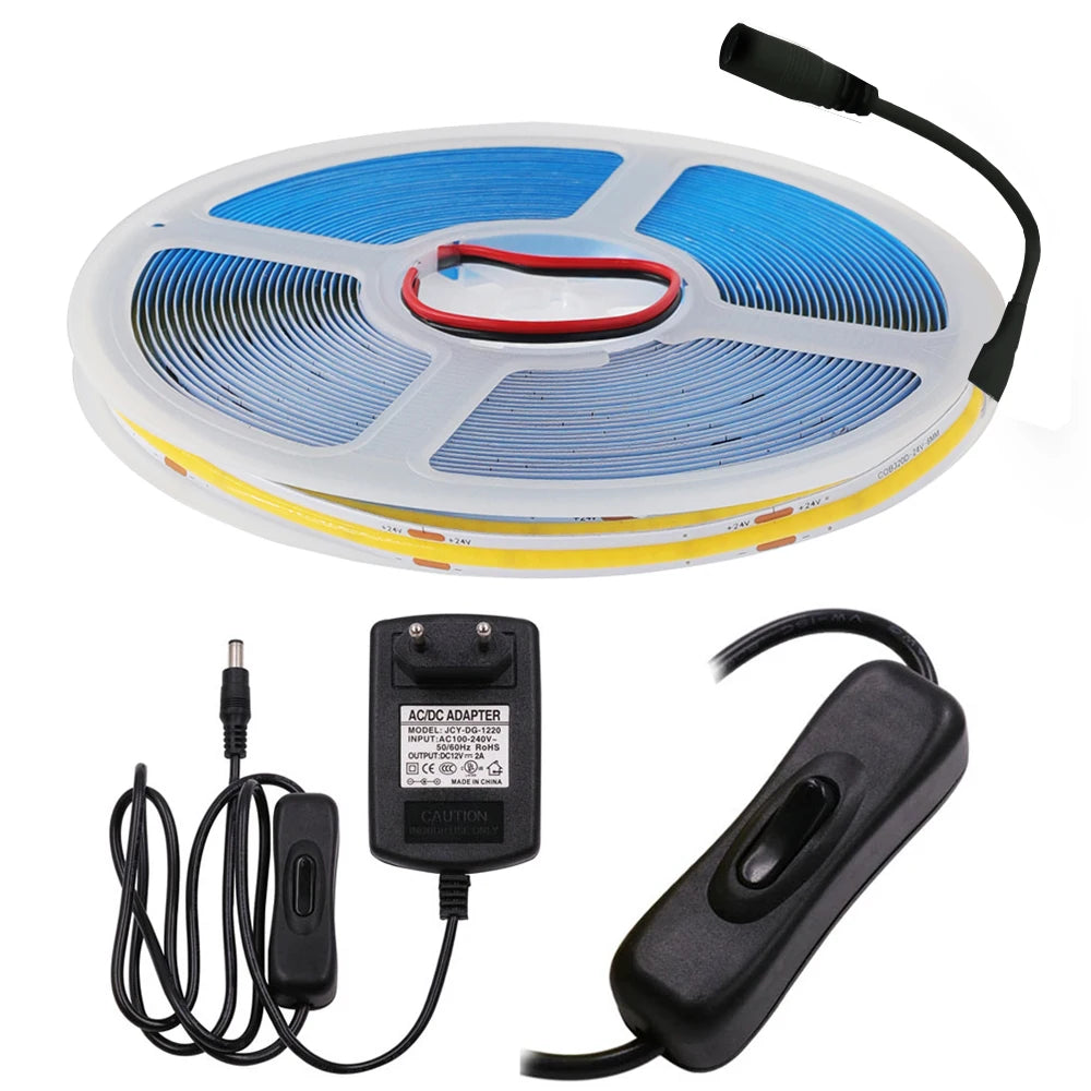 New 12V COB Led Strip With Switch Power Kit US EU UK AU Plug Flexible Light Tape Ra90 320 Leds High Density Linear Lighting