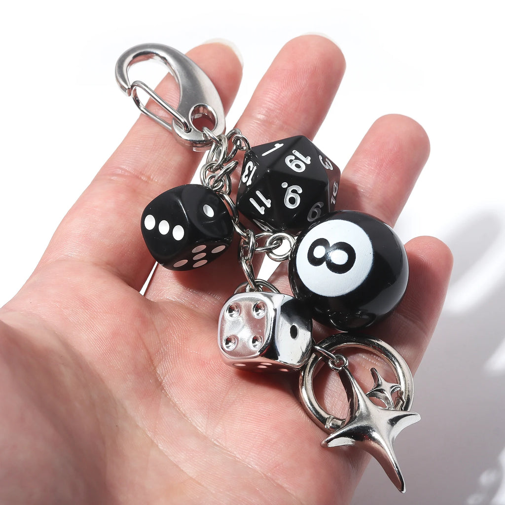 Punk Hiphop Black Dice No. 8 Billiards Keychain Y2K Pink Lucky Dice Starburst Pendant Bag Charms Hangings Ornament Accessories