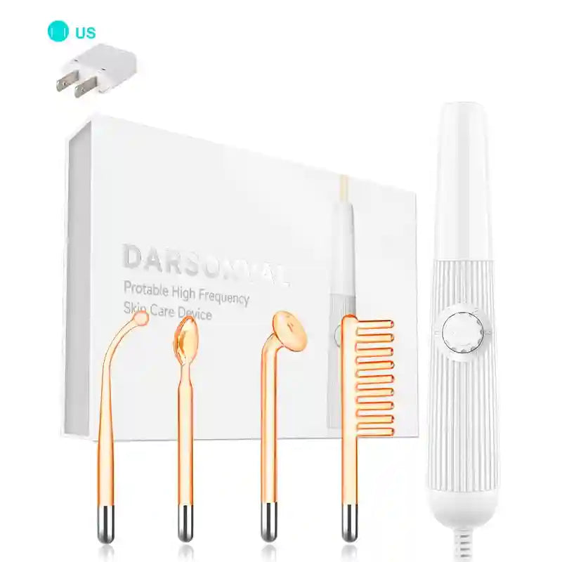 High-frequency skin wand with white handle, power dial, and four orange glass electrodes, plus a US power adapter.