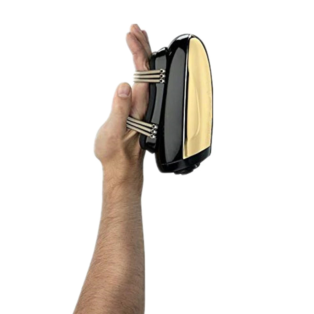 Handheld cordless massager in glossy black and gold, featuring a two-node design worn across the fingers.