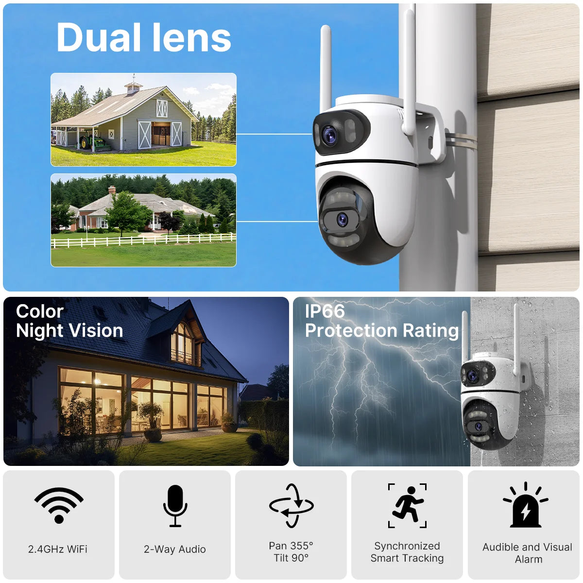 8MP 4K HD Wifi PTZ Camera iCsee APP Dual Lens Dual Screens Video Surveillance IP Camera Ai Tracking Outdoor Home Security CCTV