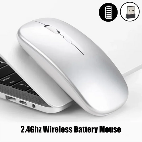 Sleek, silver wireless mouse with a slim, ergonomic shape, scroll wheel, and included USB receiver.