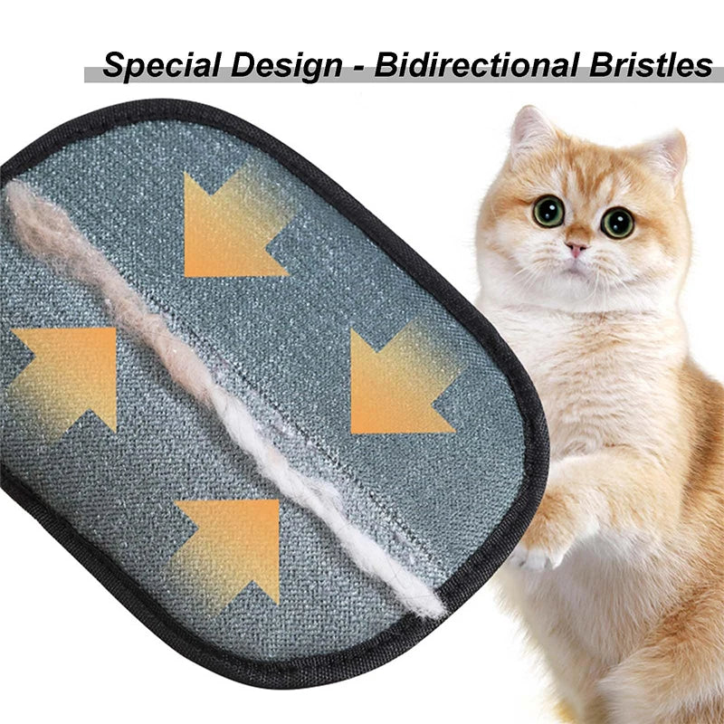 Gray electrostatic pet hair removal glove for cats and dogs with bidirectional bristles for easy cleaning.