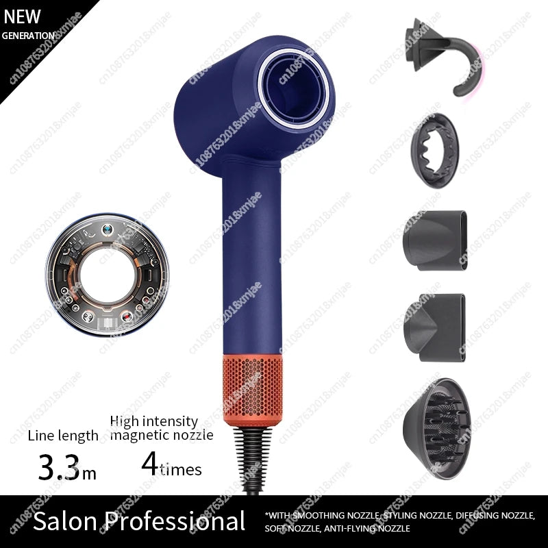 Blue ionic hair dryer with magnetic nozzle base and diffuser and nozzle pieces