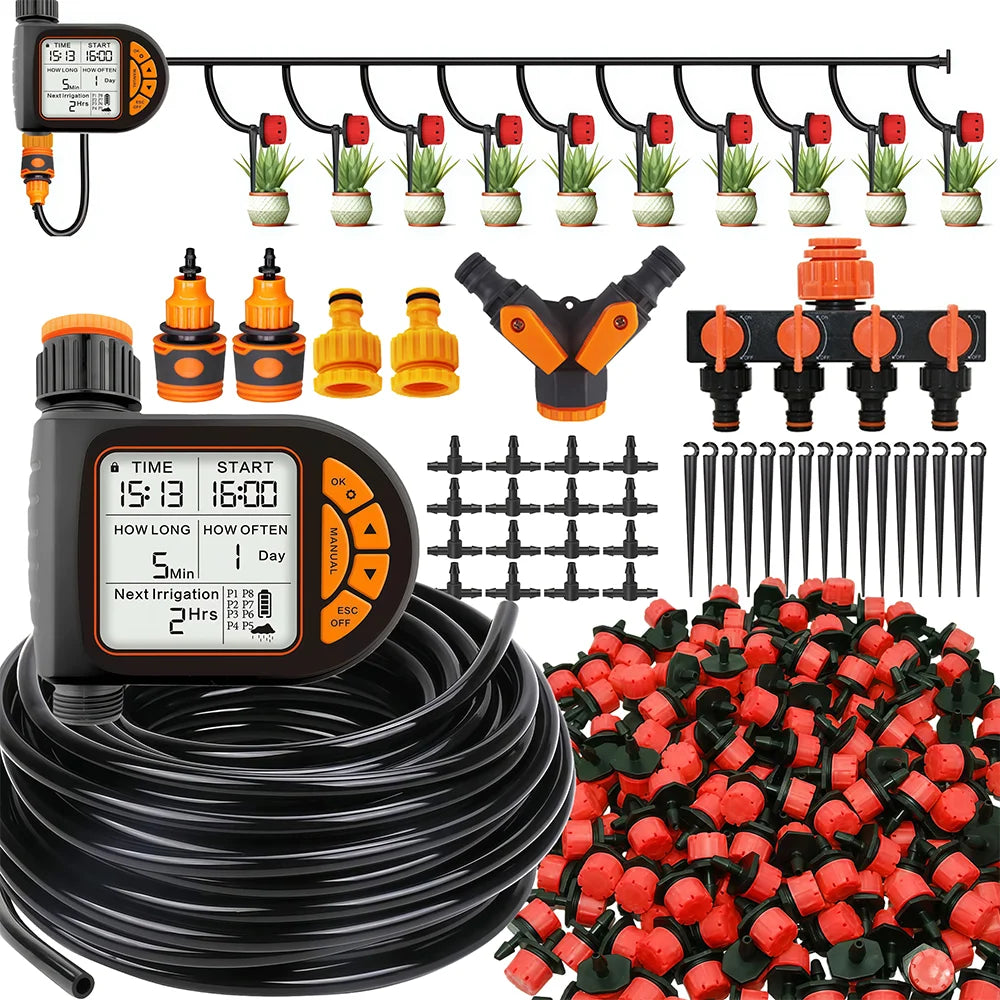 Smart garden irrigation timer set with LCD controller, black hose, and red sprinkler stakes