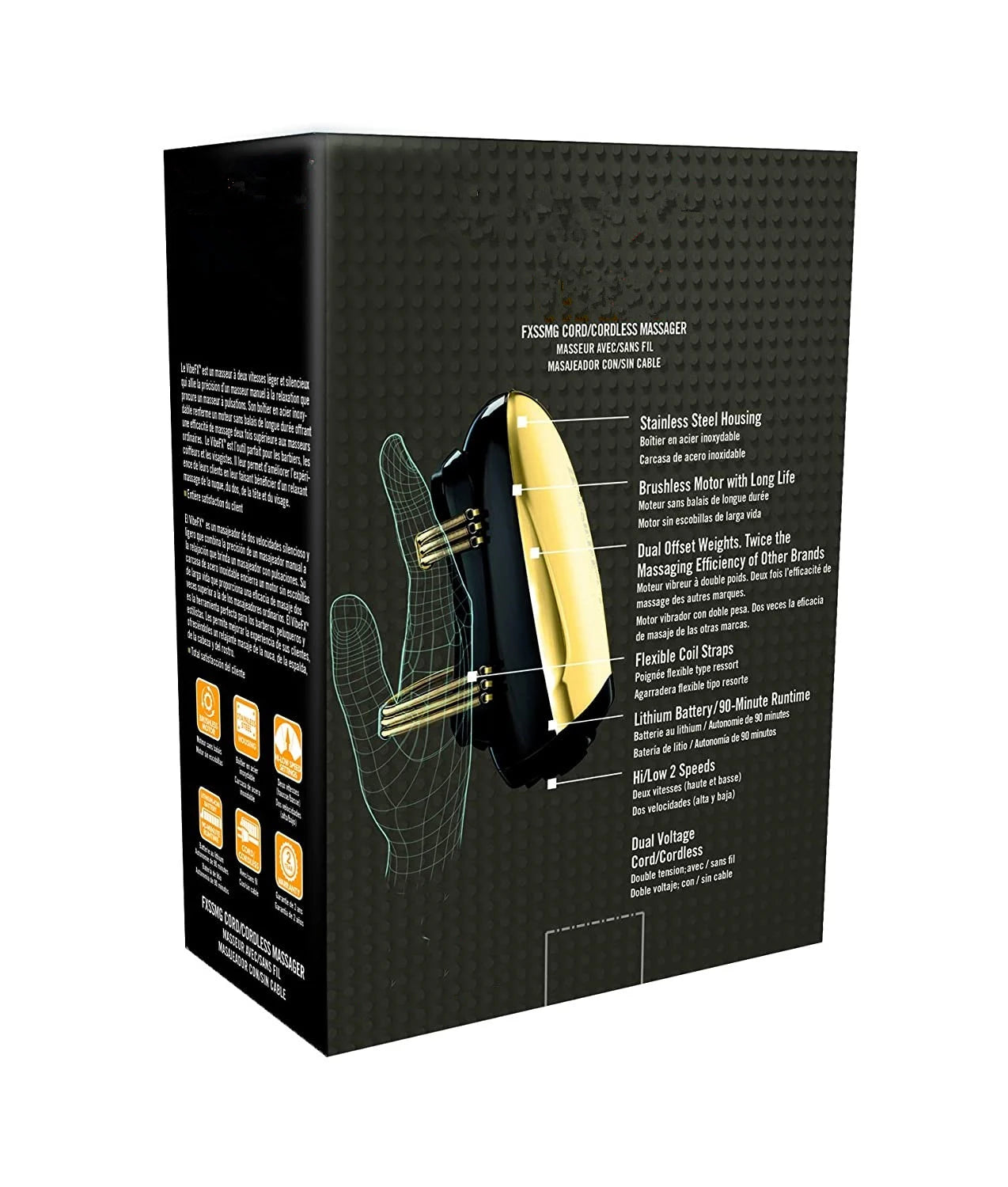 Product box for a black and gold cordless handheld metal massager with coil straps and technical feature labels.