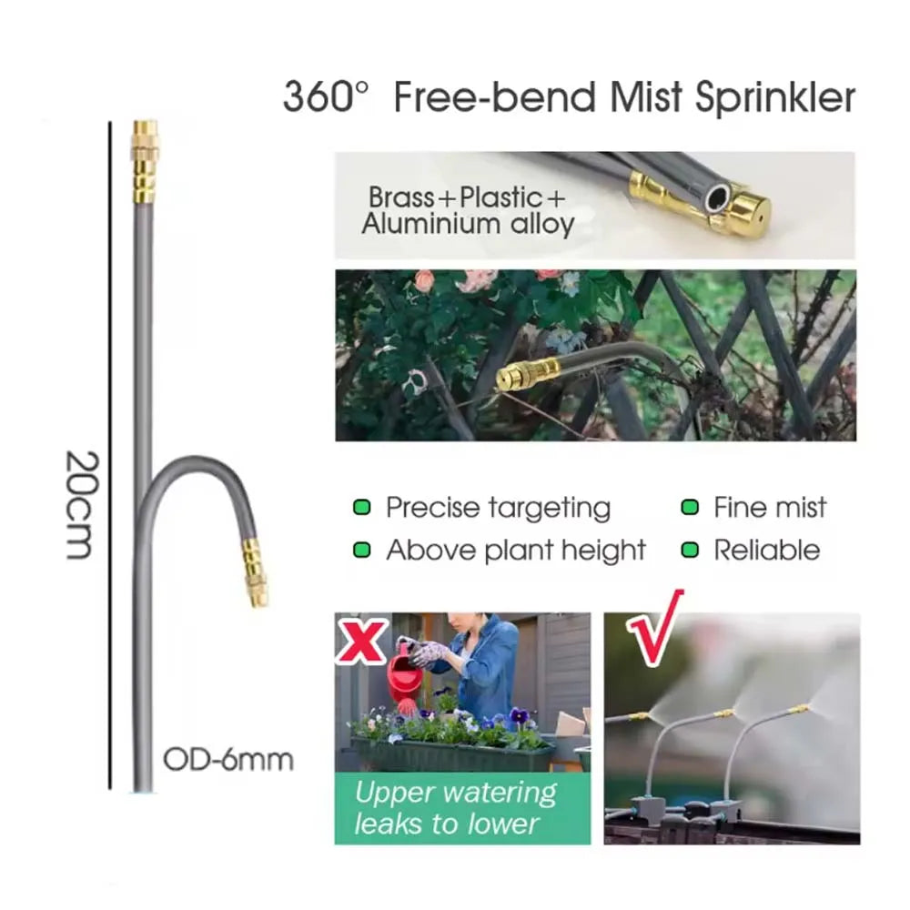 15-5M 1/4” Hose Adjustable 360° Flexible Brass Mist Nozzle Garden Irrigation Pump Sprinkler Kit Quick Link Spray Cooling System
