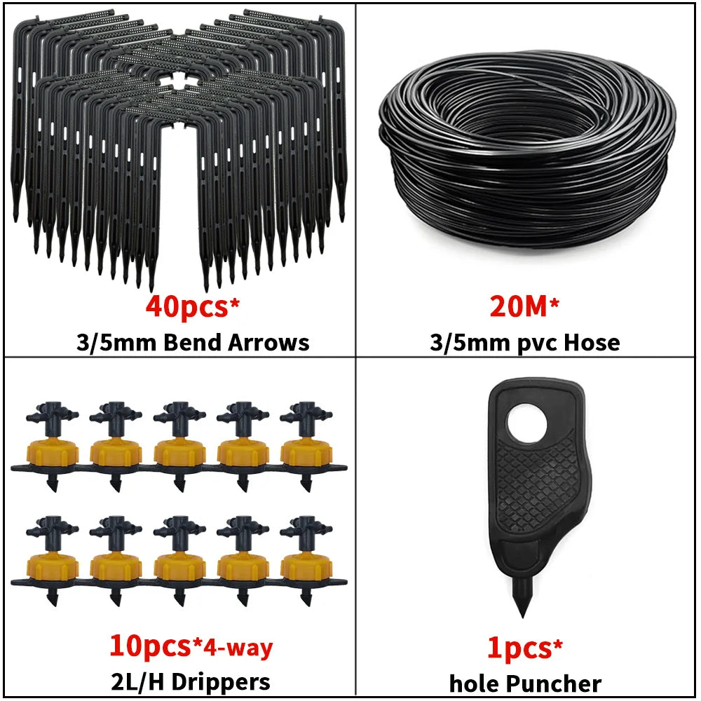 Drip irrigation arrow stakes set with 20m 3/5mm hose coil and hole puncher, 4-way